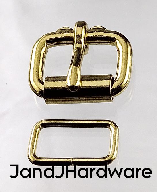 3/4 inch brass plated maker pack consisting of two each of a heel bar roller buckle and belt keeper.