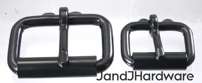 An image of a 2 shiny black roller buckles1 inch and 1 1/2 inch in width.