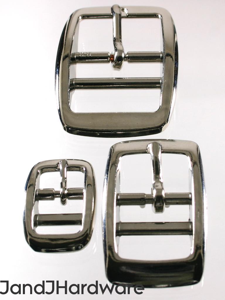 An image of a set of double bar buckles from 1/2 to 1 inch in width. The double bar allows strap to be attached to the center separate bar.