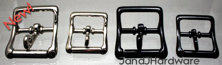 An image of 4 different center bar true roller buckles with a locking tongue in both nickel and black finishes.
