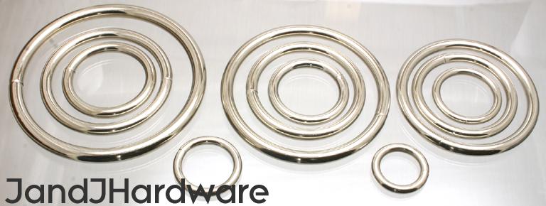An image of a group of nickle plated O-rings from 3/4 to 3 1/2 inch in diameter.